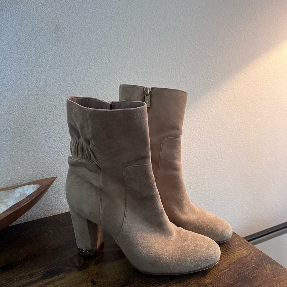 Michael Kors Beige Suede Ankle Booties with Block Heel